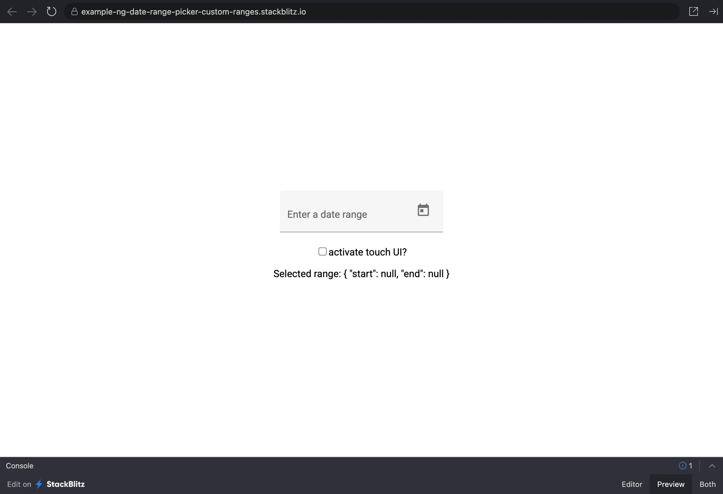Date range picker final result demo on stackblitz