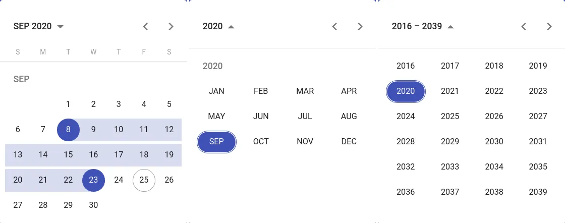 Material date range picker: day, month and year views